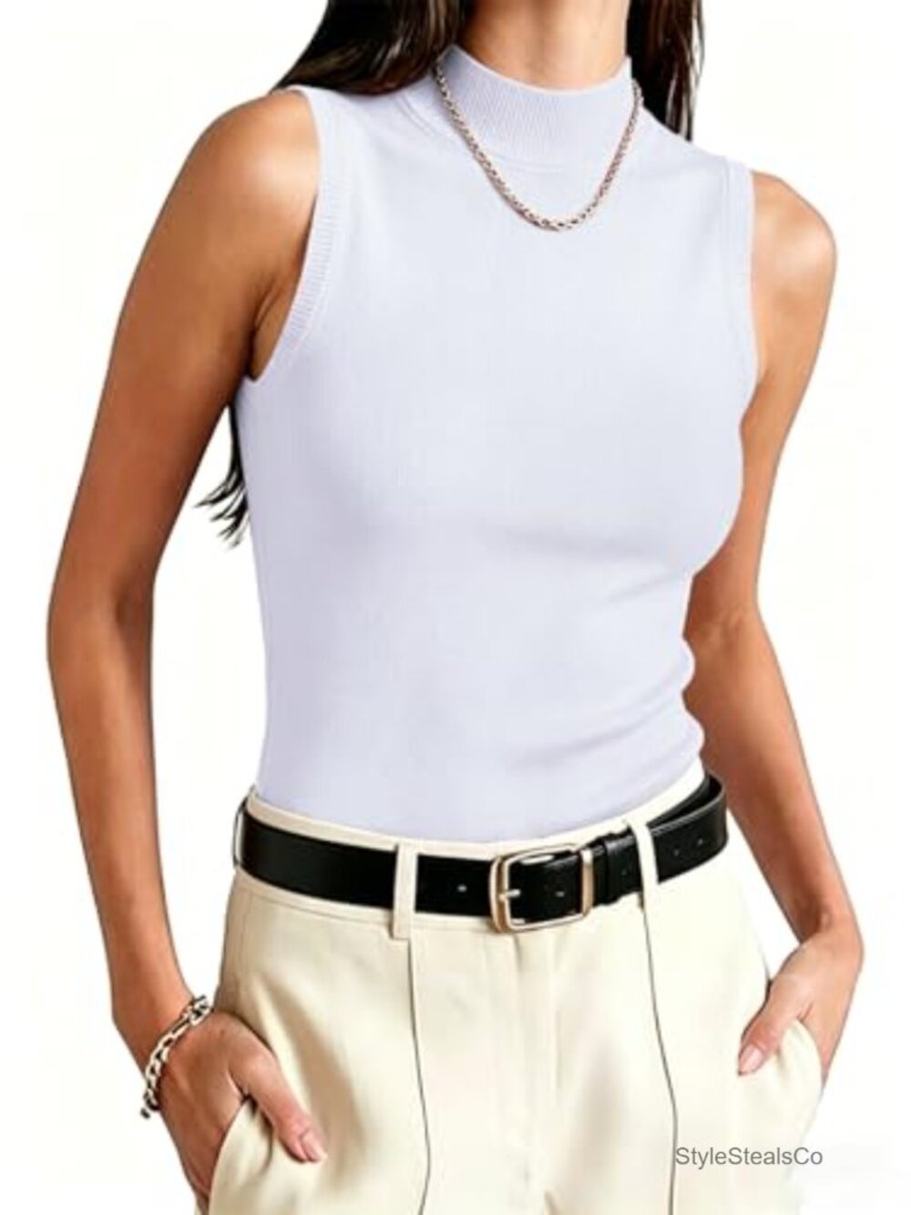 Mock Neck Ribbed Knit Sweater Tank Slim Fit Sleeveless Top